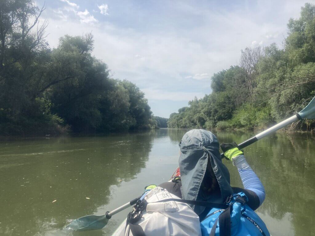 Iris Veldwijk kayaking Danube River Romania narrow channel Ostrovul Catinu Mare Ostrovul Puiu Zatoacei Romania Ghindaresti Harsova Balta Ialomitei