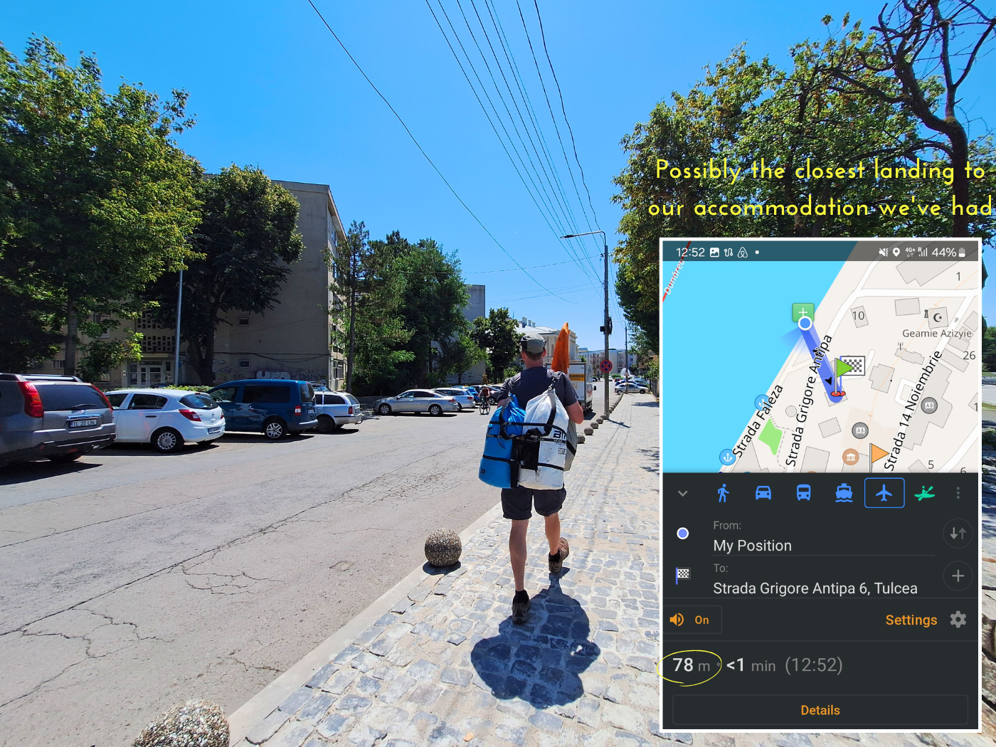 short walk to Airbnb in Tulcea Romania inflatable kayak trip day 84 landing arrival spot packable boat backpack carry dry bags