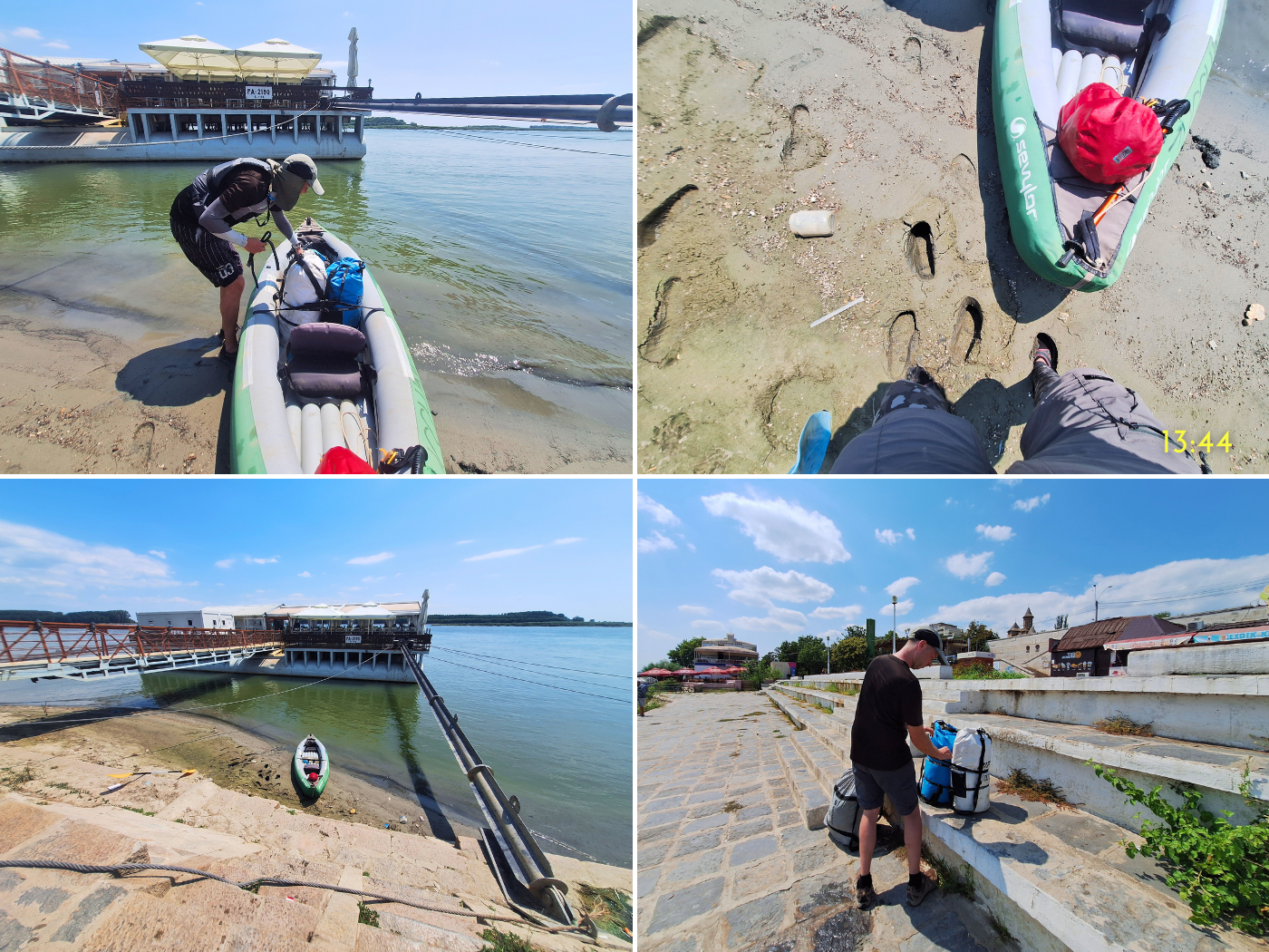 kayak trip day 82 landing spot Galati Romania muddy deep foot sunken slipway steps up the embankment drying the inflatable canoe walking to Airbnb