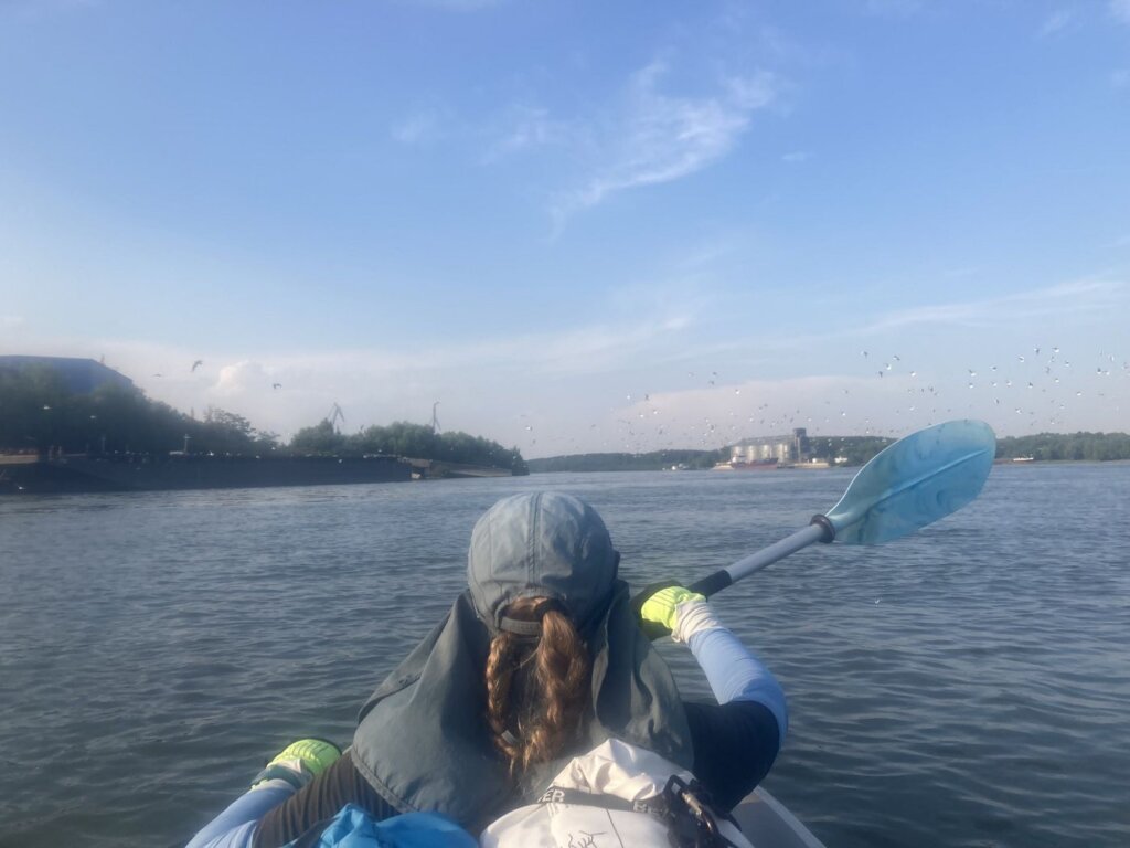 Iris Veldwijk kayaking Danube River entry to Braila Arapu Branch maritime sector of the Danube Black Sea ships almost there oil tankers birds seagulls
