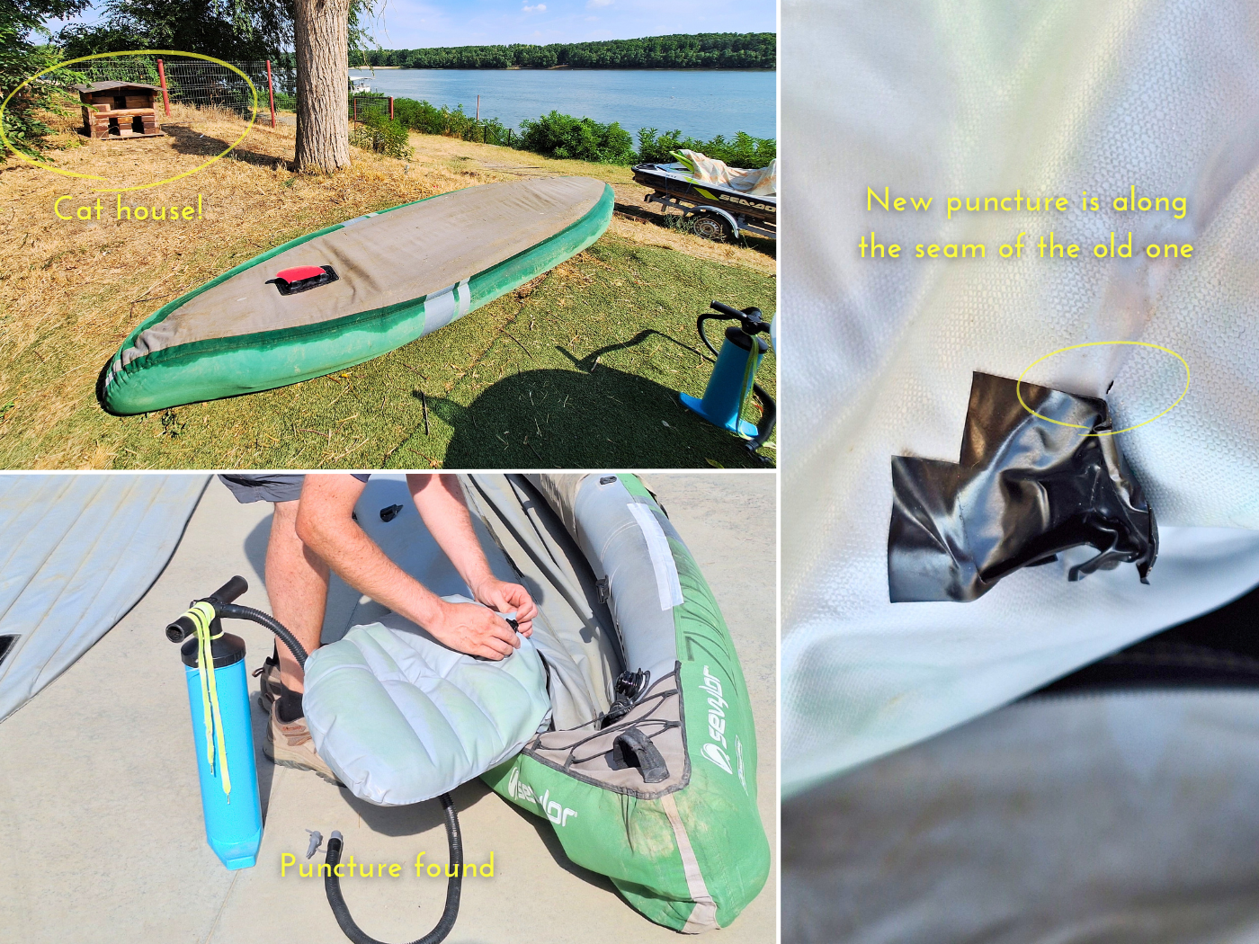 fixing Zucchini the inflatable kayak leak Danube River Harsova super glue patches bike tire simple fix drying the boat stray cat house