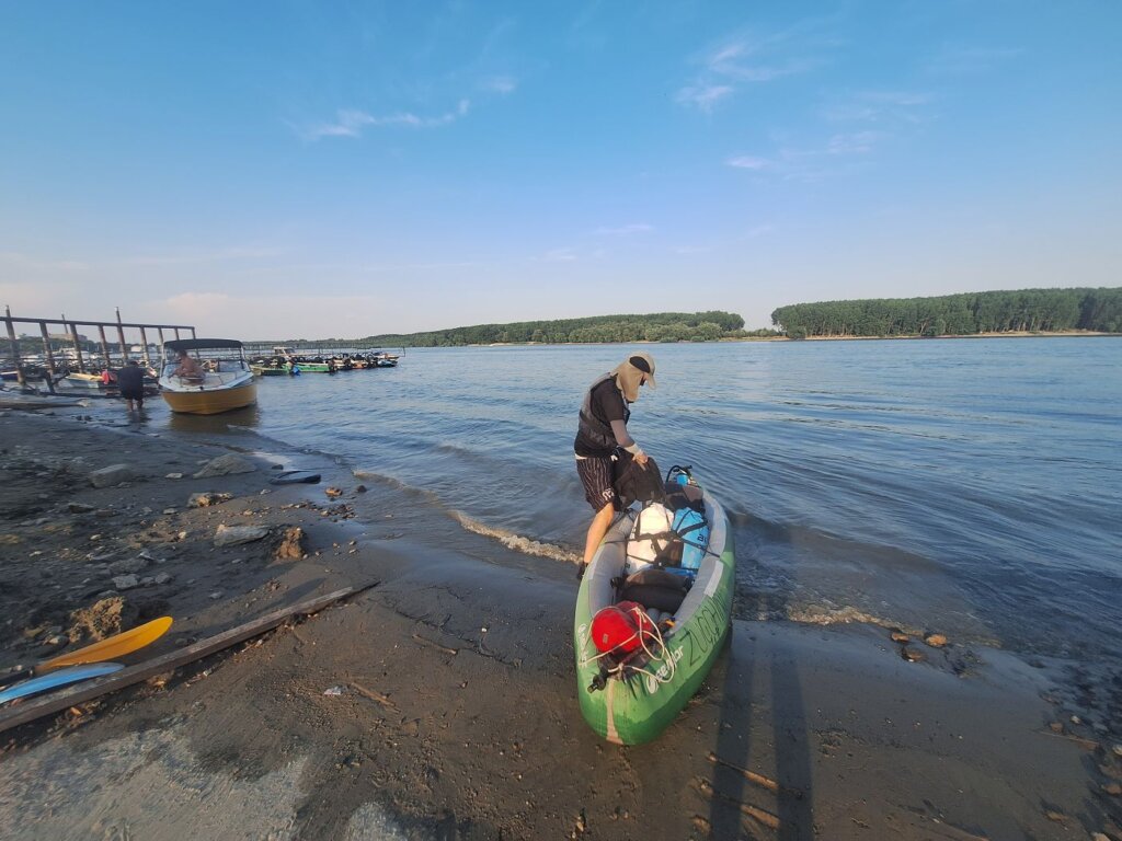 Jonas on the slipway in Braila city Romania Danube River inflatable kayak travel to the Black Sea hotel Raay