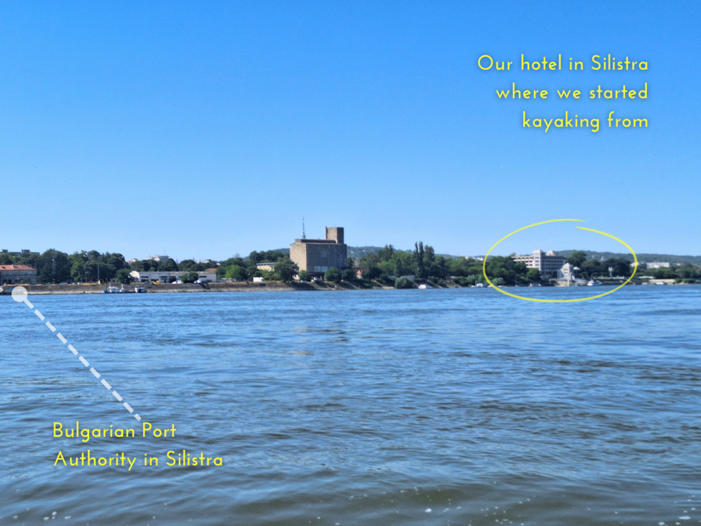 looking back at Silistra Bulgaria Danube River hotel Drustar port authority Bulgarian water police customs immigration kayaking