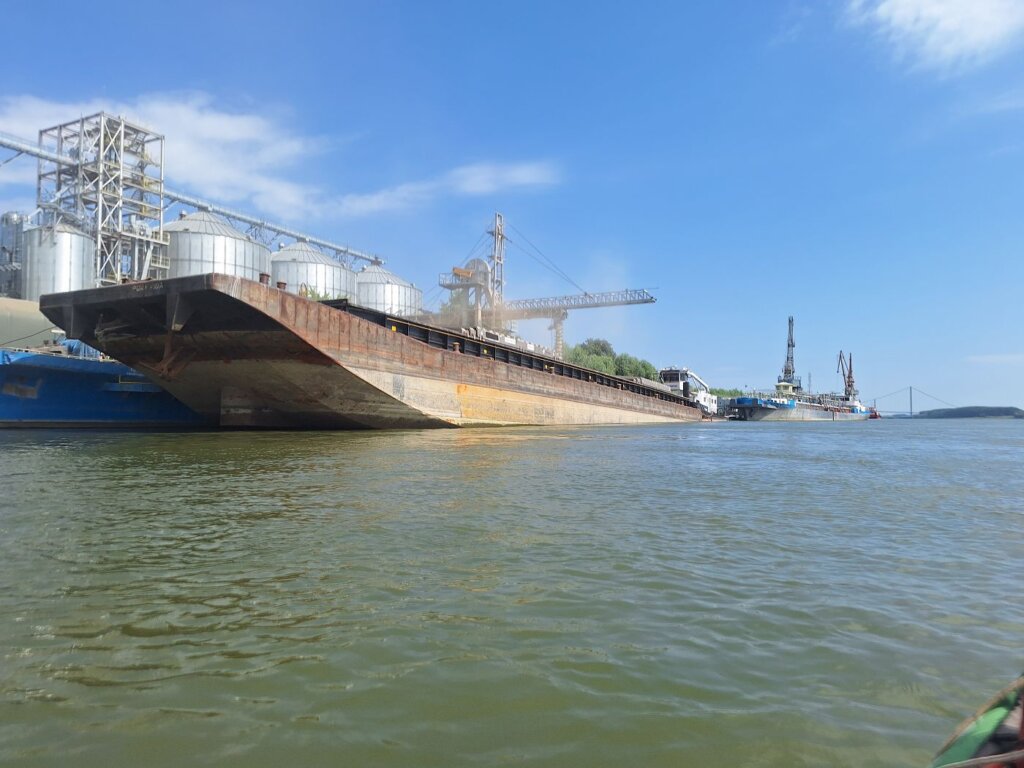 first views of the Braila Bridge last bridge on the Danube before the Black Sea shipping barges travel port