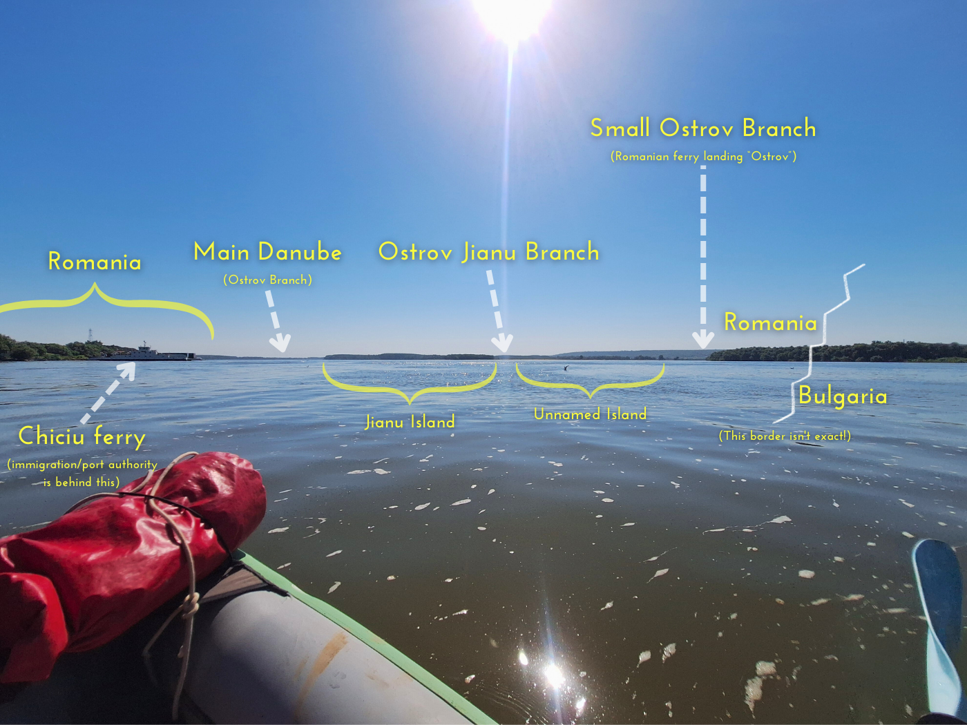 outline annotated Danube River Ostrov Branch Borcea Branch Jianu Branch near Silistra Chiciu Calarasi Romania Bulgaria river islands shipping lane kayaking tips