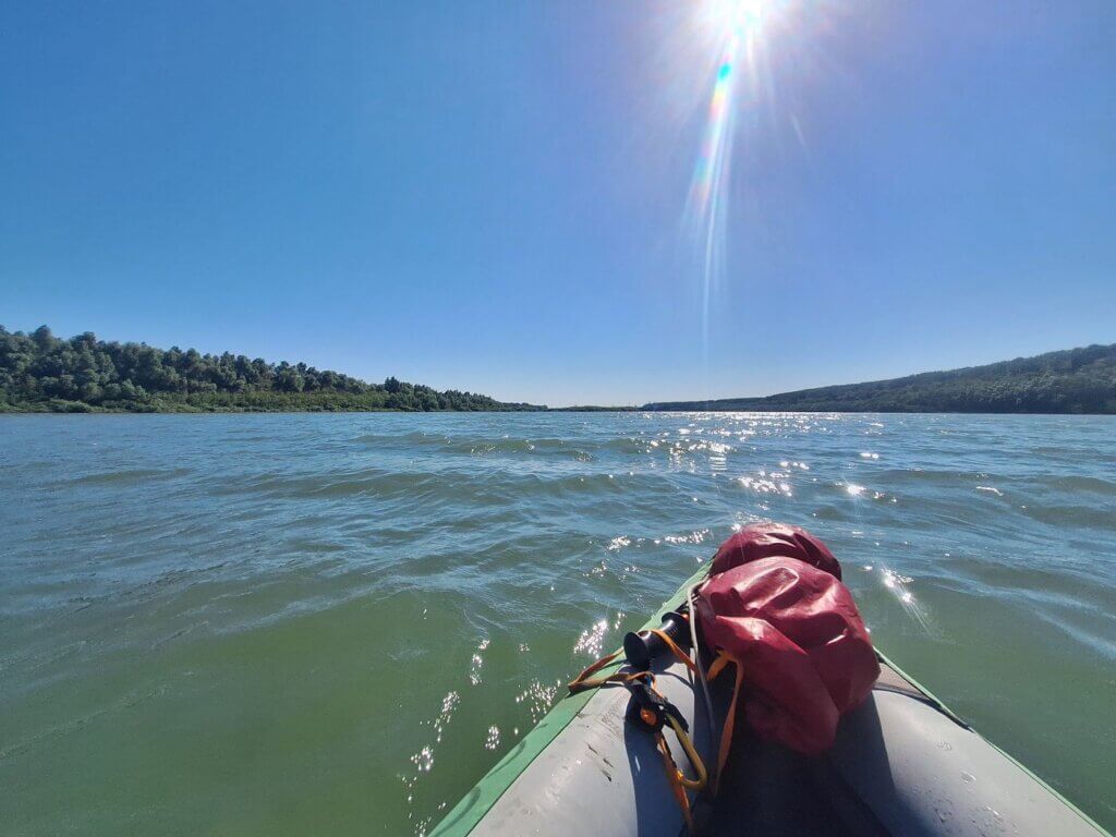 paddling between an unnamed island in the Danube and Romania on the Ukraine border before the Delta start inflatalbe kayak Zucchini