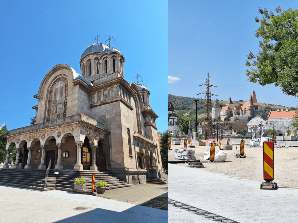 Saints Constantine and Helena Cathedral Hunedoara Romania and Hunyadi Castle from afar