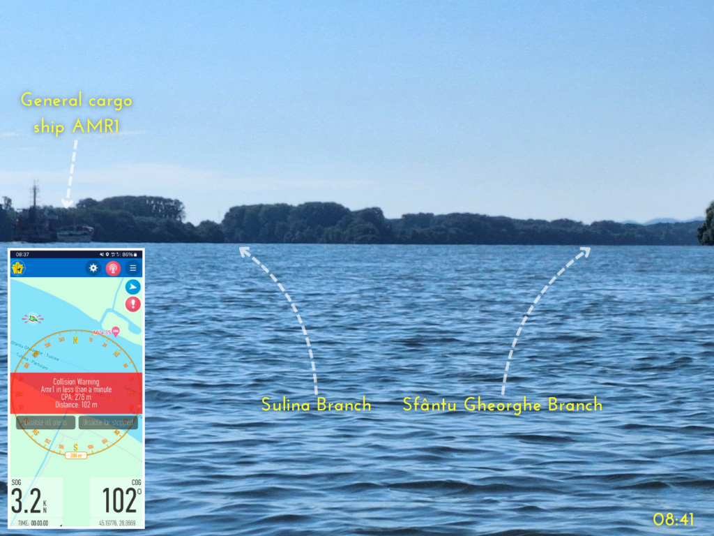 on course app marine traffic screenshot collision warning AMR1 general cargo ship distributary Sulina Branch Sfantu Gheorghe branch