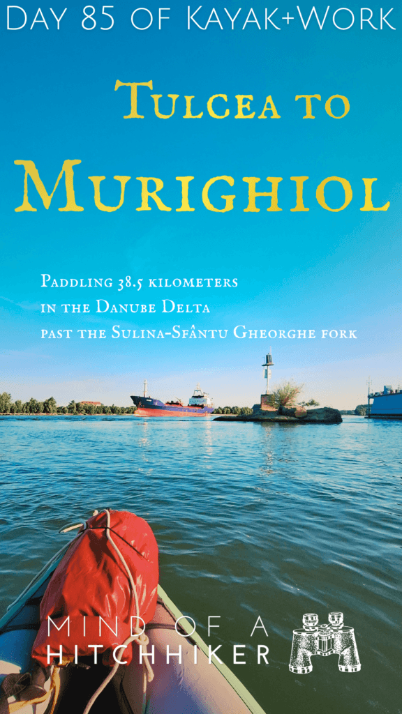 pin kayak trip day 85 Tulcea to Murighiol Sfantu Gheorghe branch Danube Delta kayaking Romania Sulina branch oil tanker ship