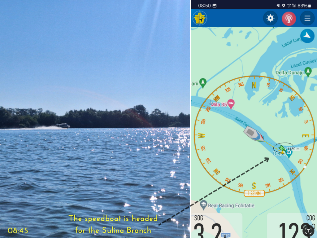 speedboat tourist transport Danube Delta headed for the Sulina branch at the Ceatal Sfantu Gheorghe distributary Romania travel kayaking on course app