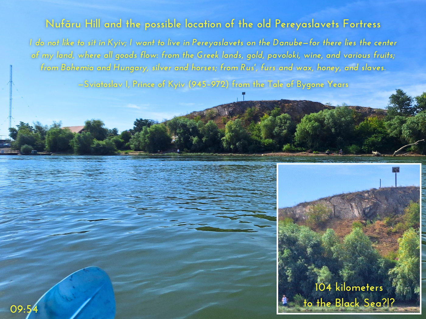 hill in Nufaru Romania archaeological site perhaps Pereyaslavets fortress 104 kilometer sign to the Black Sea