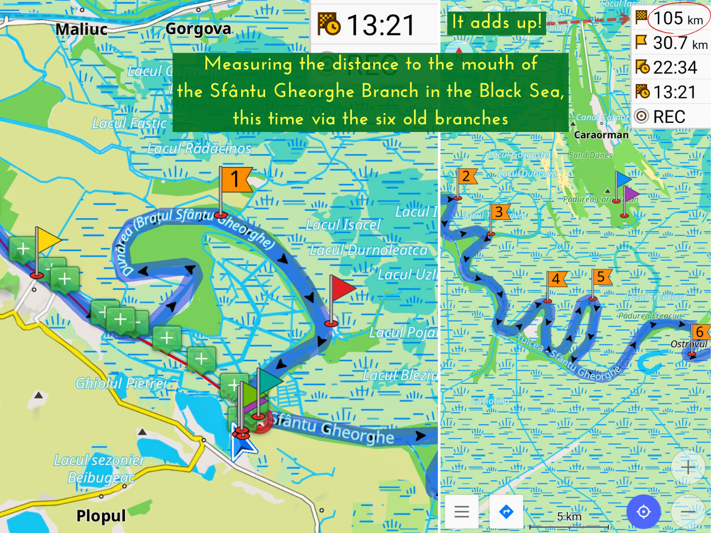 screen shots explaining the Danube River shortcuts Sfantu Gheorghe branch Mahmudia to Saint George Romania bypass artificial river engineering Delta