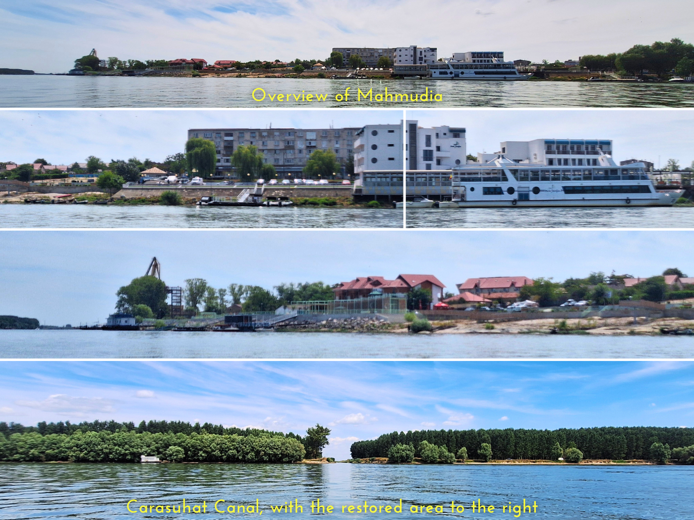 overview of Mahmudia Tulcea county Danube Delta Sfantu Gheorghe branch Mon Jardin floating boat restaurant hotel tourism kayak trip Carasuhat canal rehabilitated nature