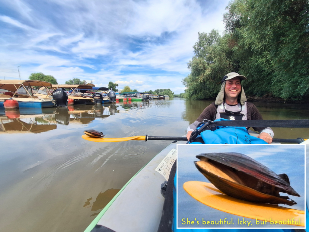 Jonas with clam bivalve mollusk Danube River Murighiol kayaking Sfantu Gheorghe Branch marina