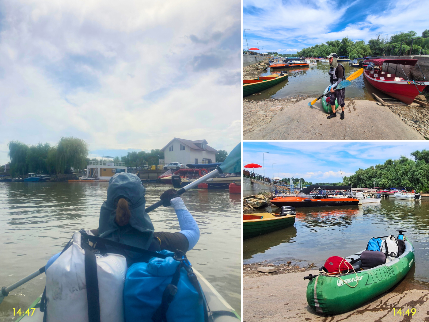 Iris Veldwijk kayaking Murighiol canal port marina arrival slipway inflatable kayak Zucchini traveling to the Black Sea