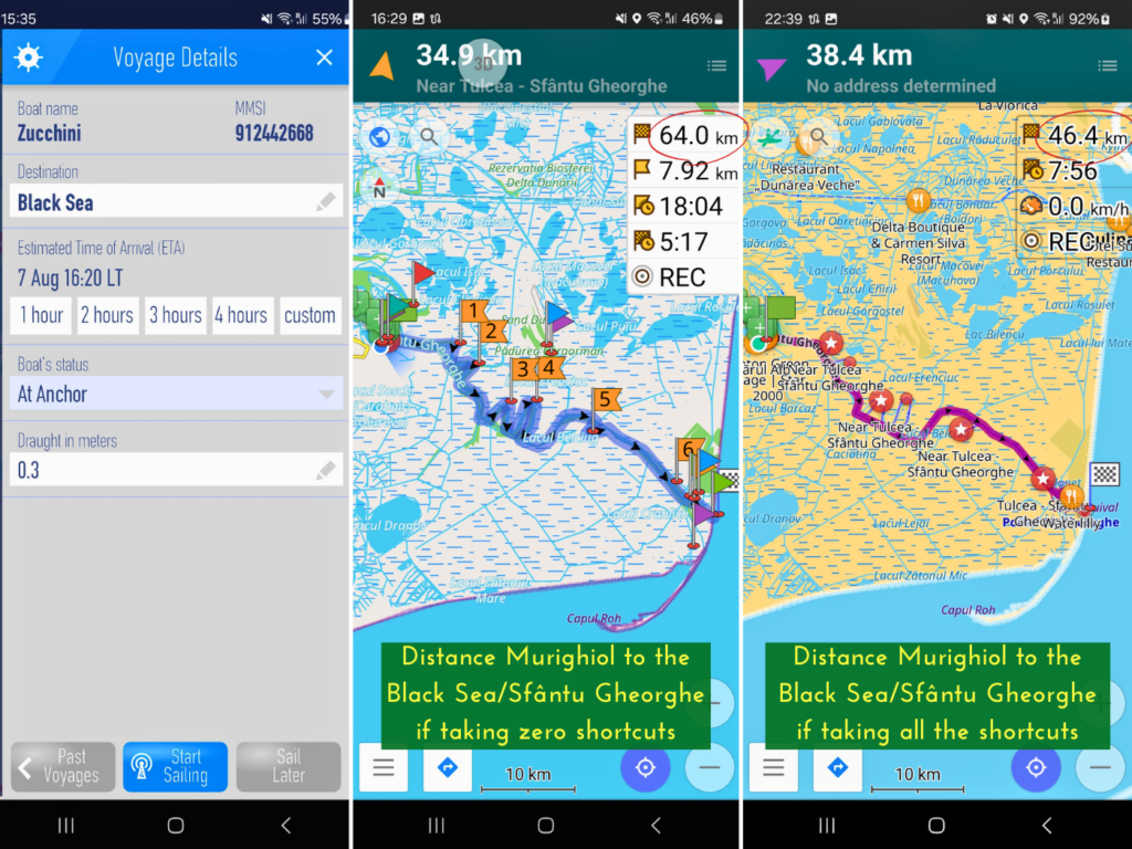 6 august analysis Danube River Sfantu Gheorghe branch bypasses loops meander shortcuts kayak trip to the Black Sea kilometers distance