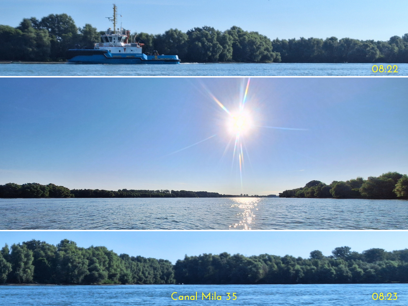 Tulcea Romania Collage Danube Delta pilot boat Canal Mila 35 split branch distributary Sulina Sfantu Gheorghe