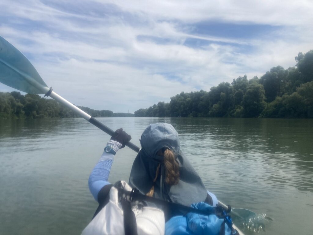 Iris Veldwijk kayaking in the shortcut Danube Delta bypass to Murighiol Sfantu Gheorghe branch inflatable kayak