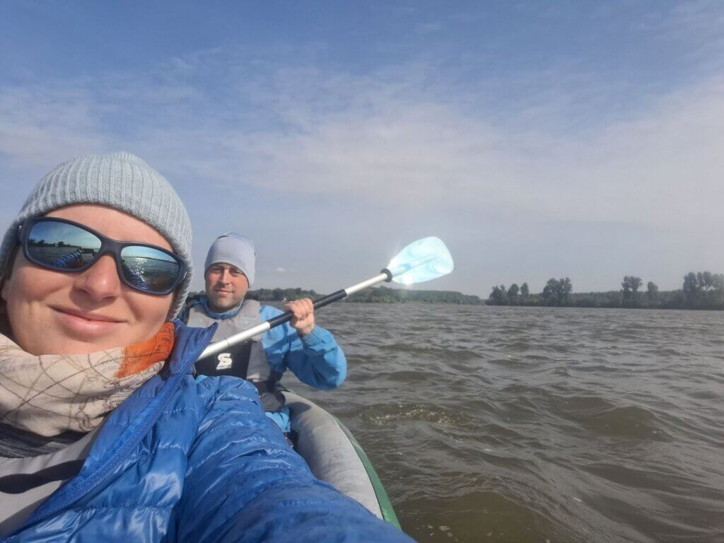 Jonas and Iris kayaking Zucchini at Tisza River confluence Serbia Europe Danube