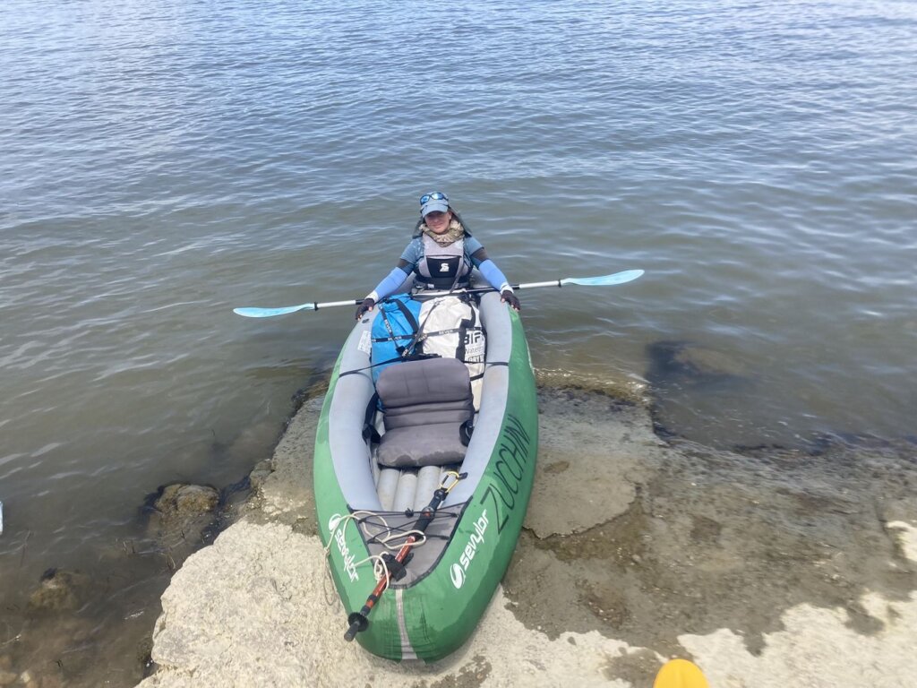 Iris Veldwijk kayaking in the back of Zucchini steering control headwind day to Smederevo