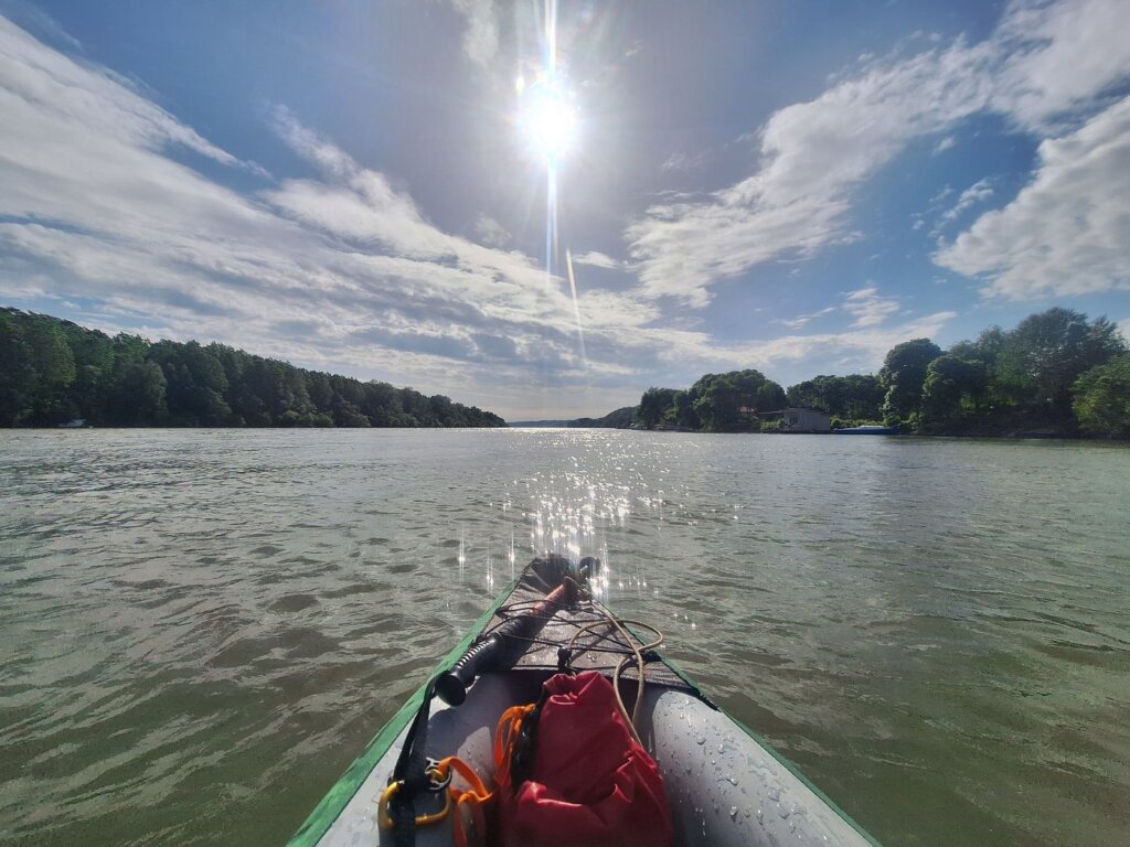 wet kayak Danube River headwind waves splashing water