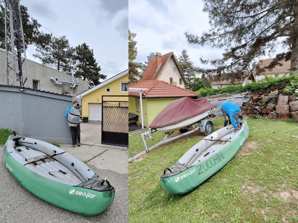 Novi Banovci arrival portaging the inflatable kayak Zucchini to nearby house one night stop no packing boat storage Serbia