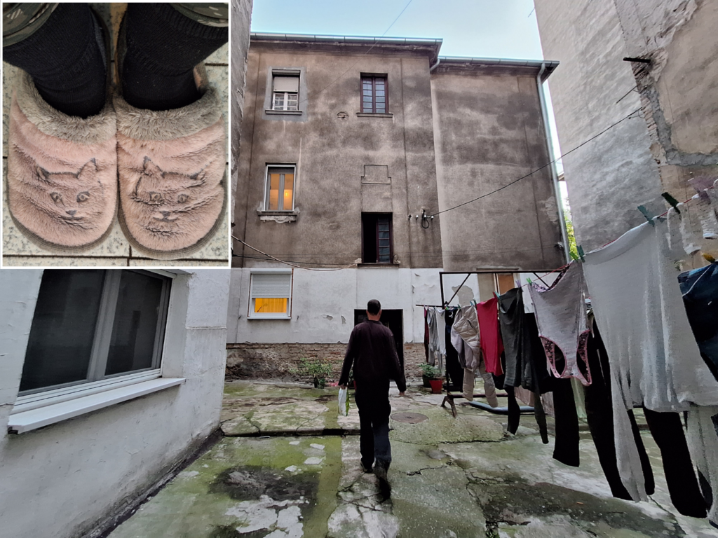 apartment in Belgrade city block access laundry lines indoor house slippers cats cute Serbia