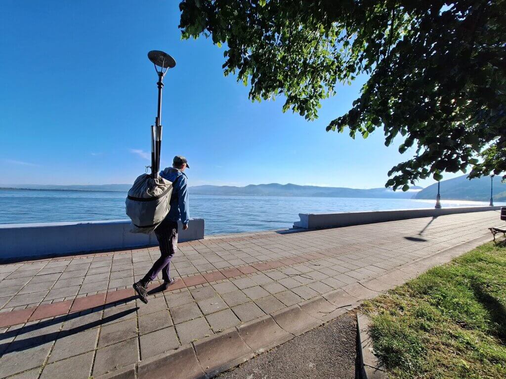 Jonas walking Golubac Danube River waterfront kayaking Serbia