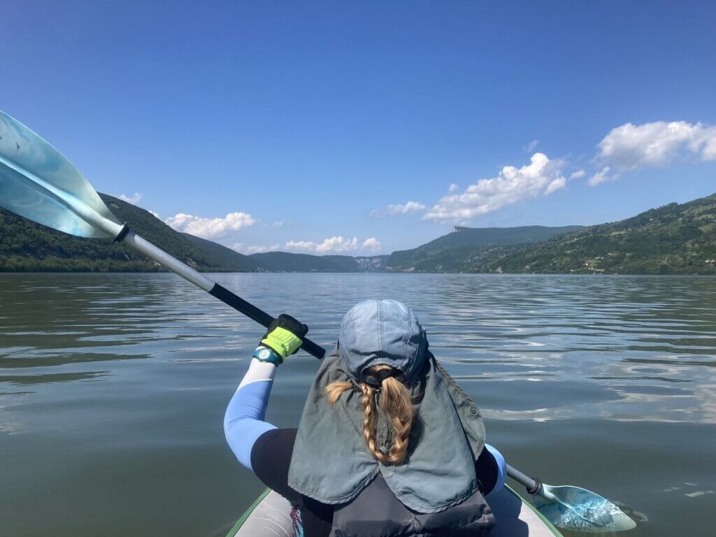 Iris Veldwijk kayaking entrance of Cazanele Veliki Kazan Klisura Gorge Great Kazan Gorge vista Miroc Strbac peak vista cliffs rock picturesque