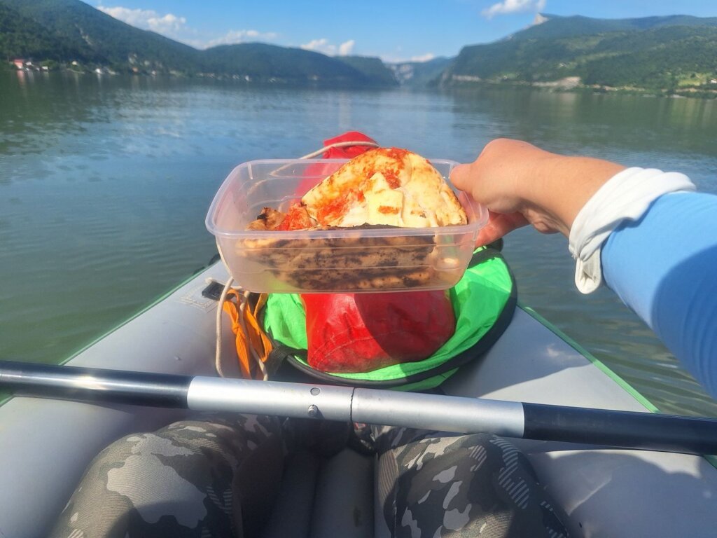 kayak food pizza leftover from Golubac box elite food snack kayaking Danube Iron Gate Great Kazan Gorge