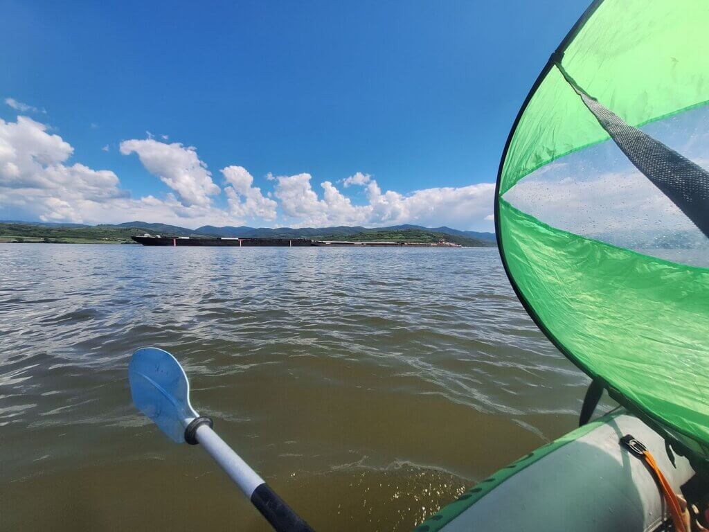 kayak sailing Danube River Ljupkov basin Iron Gate gorges Romania Serbia border