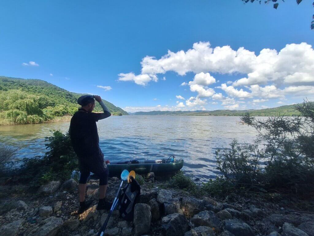 Jonas break spot Dobra deciding whether to kayak to Donji Milanovac Danube kayaking