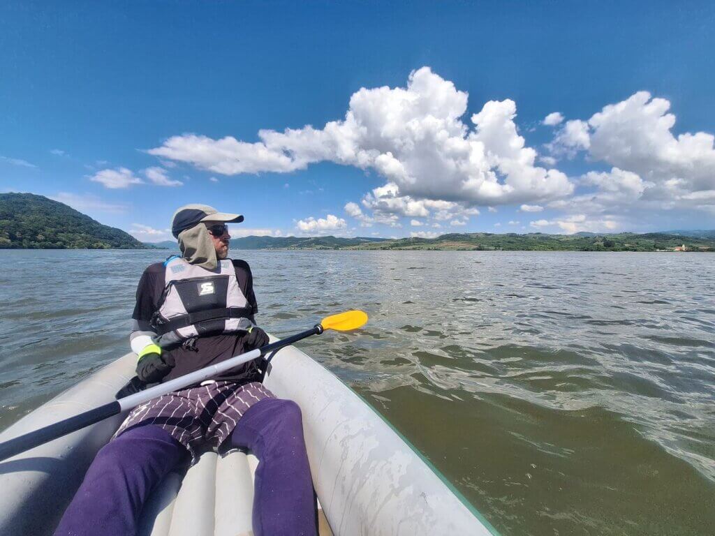 Jonas kayaking Danube Liupcova Berzasca Ljupkov basin Iron Gate Romania Serbia