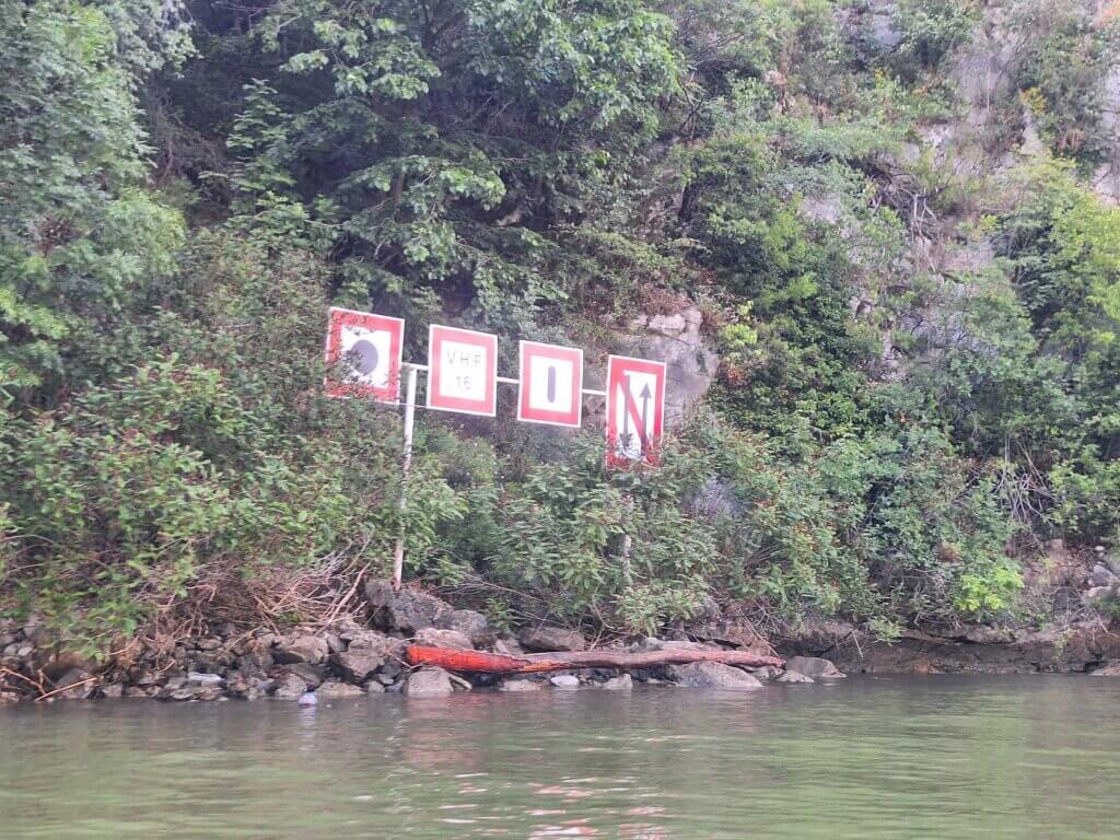 shipping inland cargo cruise navigational aid signs VHF 16 no passing barges cruise ships tourist boats danger Great Kazan Gorge Iron Gate