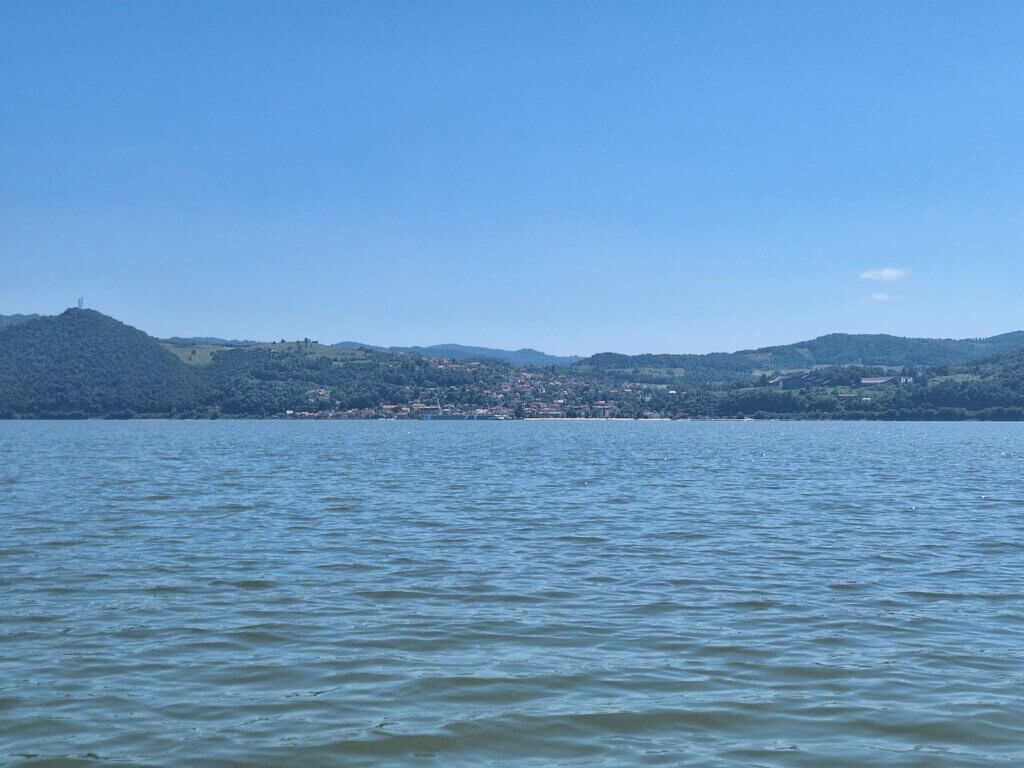 Donji Milanovac in Serbia Danube River as seen from Svinita Romania Balkans Europe border