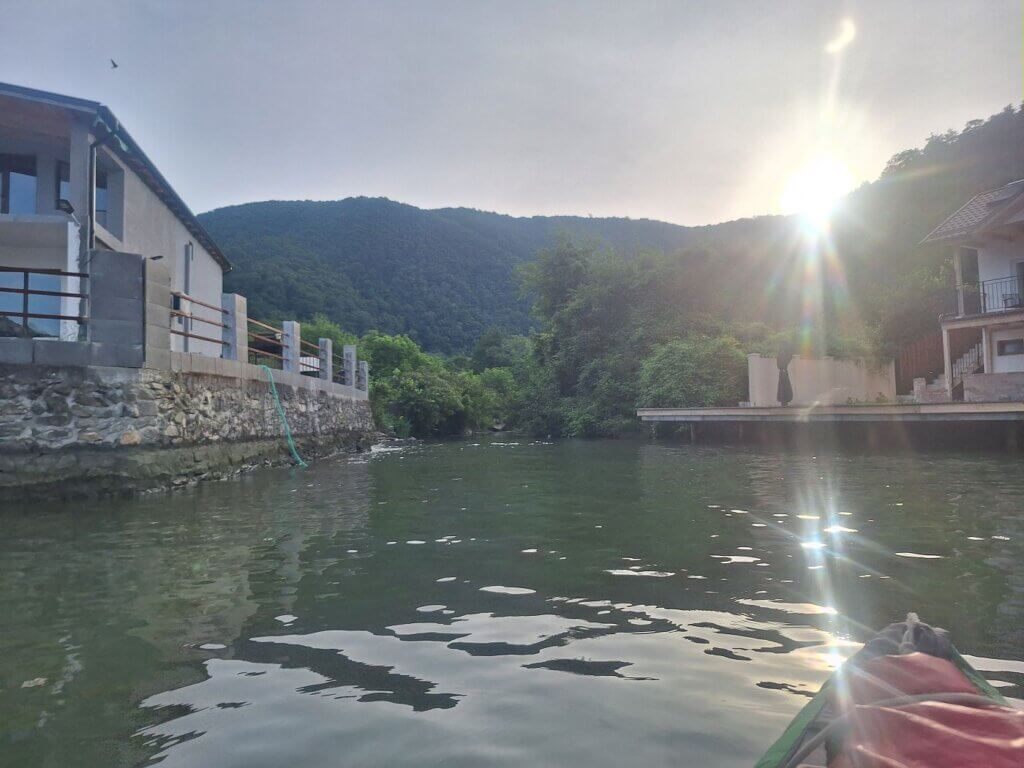 paddling mouth Dubova river stream small kayak no landing spots nowhere Romania Danube kayaking challenge