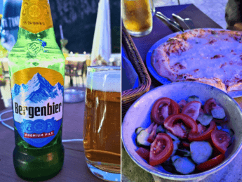 Food Dubova restaurant pizza salad beer first food in Romania Balkans