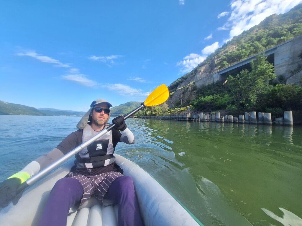 Jonas kayaking Sip Gorge Danube River Romania Serbia lock weir dam approach