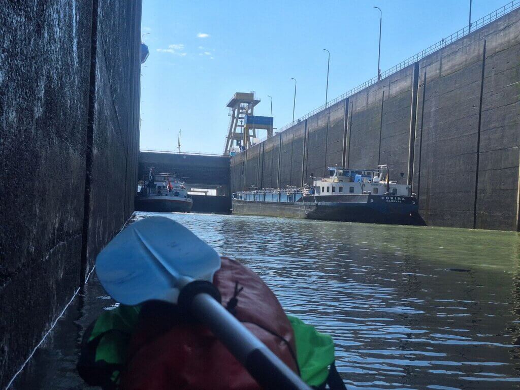 first stage of Iron Gate I dam Djerdap lock sluice opening Danube River Romania Serbia kayaking kayak inflatable