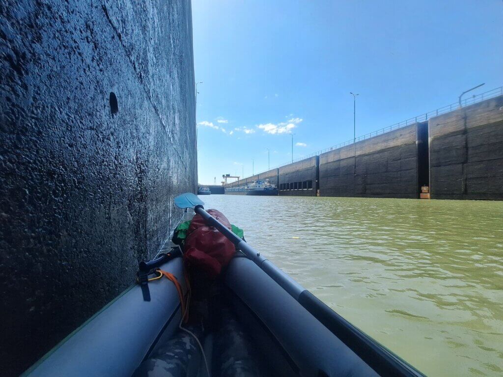 how to pass through the Iron Gate I dam by kayak Danube River Romania Serbia inflatable boat pleasure craft