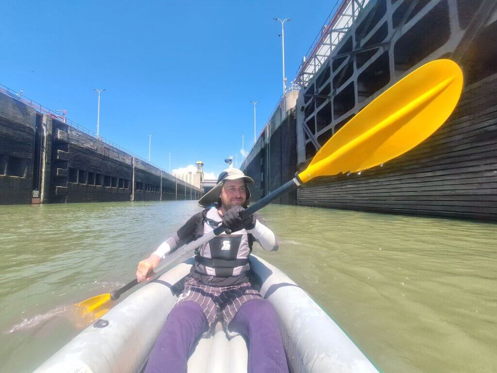 Jonas Breuer kayaking Danube River Romania Iron Gate I sluice lock dam Derdap I Portile de Fier I