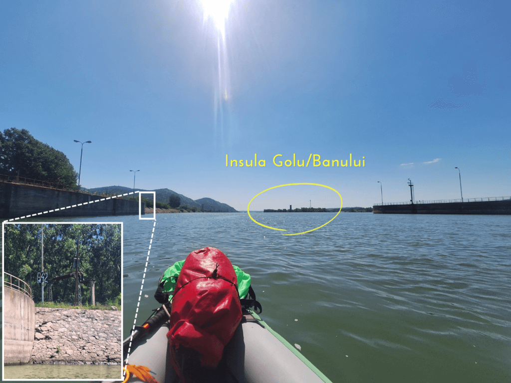 kayaking out of Iron Gate I lock dam insula Golu Banului Ostrvo Bansko Romania 942 kilometers to the Black Sea Danube River