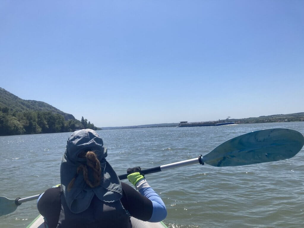 Iris Veldwijk kayaking Adonis inland shipping ship cargo travel Danube River Iron Gate I dam Romania Serbia border