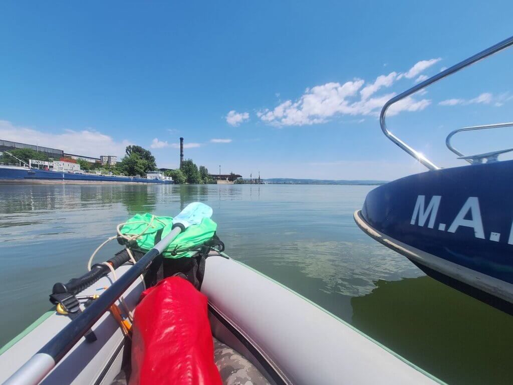 Romanian water police check as seen from a kayak small boat patrol Danube River passport check European Union outer border Schengen travel