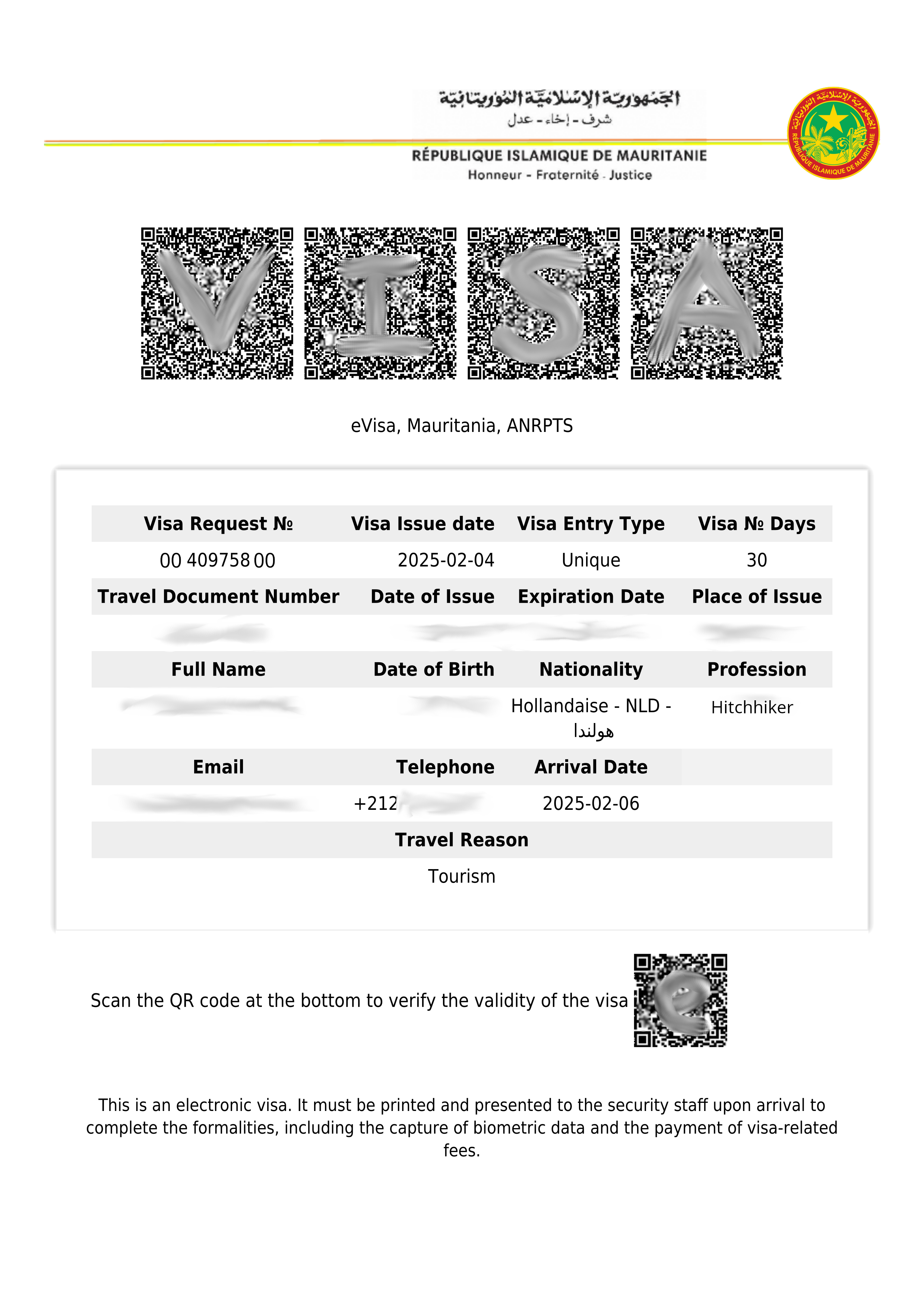 Mauritanian eVisa what is it supposed to look like QR codes Mauritania Nouakchott Nouadhibou