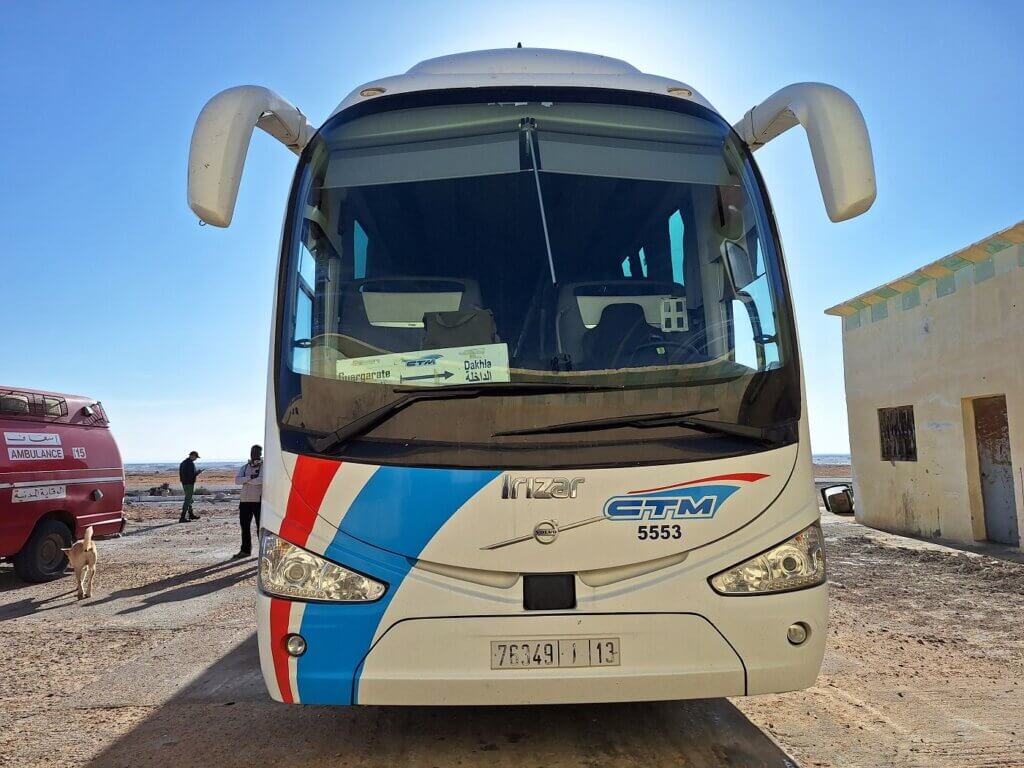 CTM bus coach en route from Dakhla to Guerguerat Morocco-controlled Western Sahara break in El Argoub