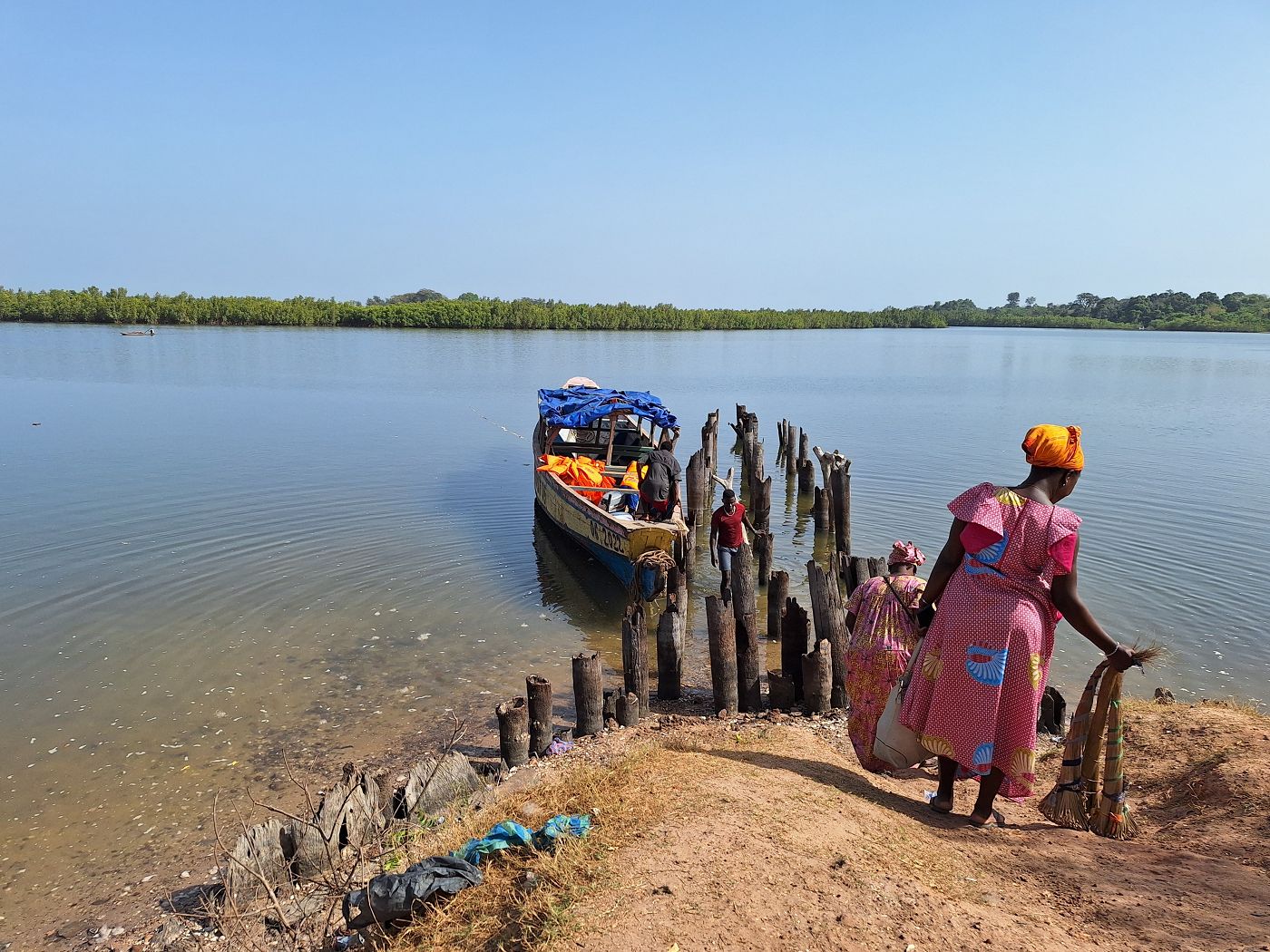 canoa piroga Guinea Bissau Cacheu River mangroves forest goods people transport ferry São Domingos jetty quay
