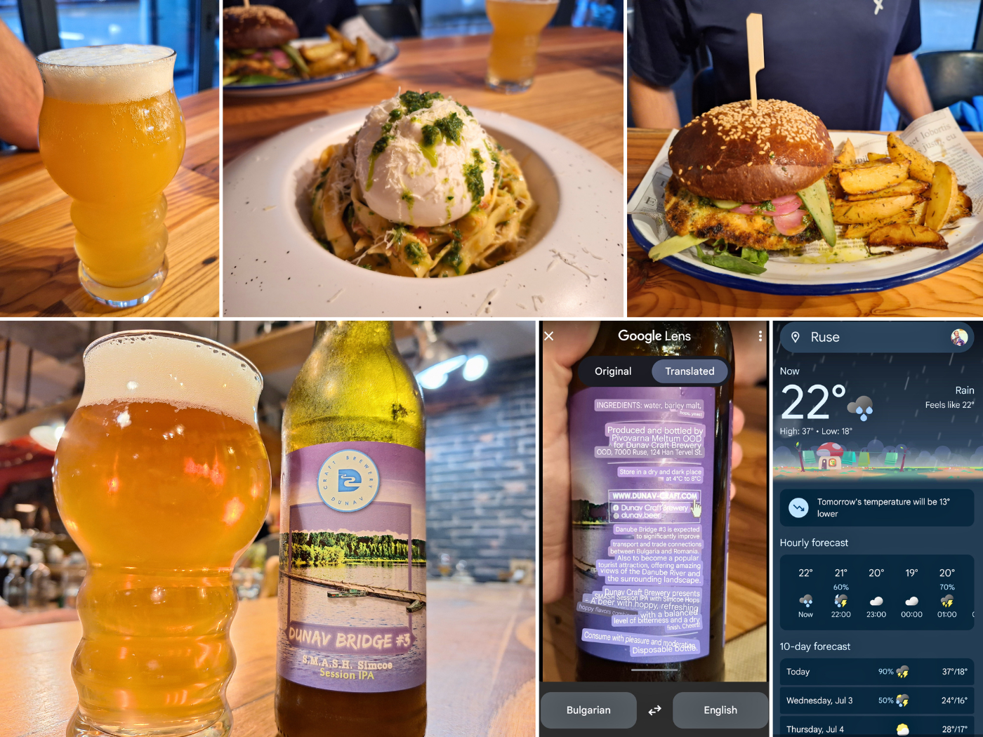 Tuesday 2 July RazBIRAchi craft beer bar Dunav brewery bridge beer artisanal Belene pontoon bridge burrata salad dinner heavy rains Ruse Bulgaria