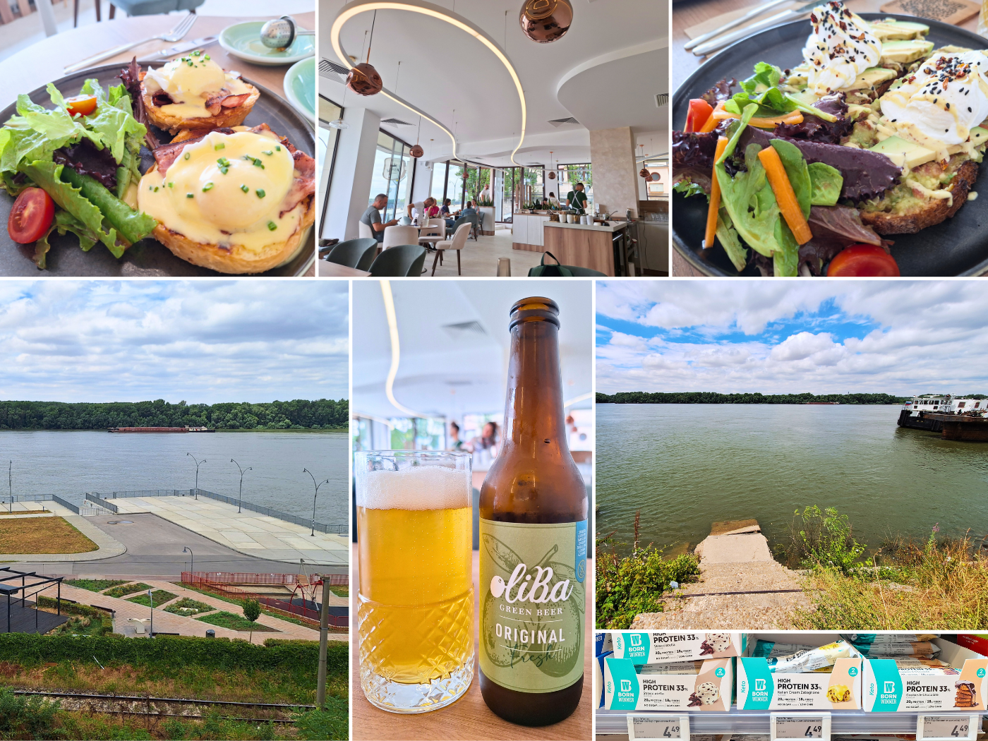 Wednesday 3 July 2024 brunch at Sapiens specialty coffee olive craft beer Ruse Bulgaria lowered water levels Danube river protein bar shopping