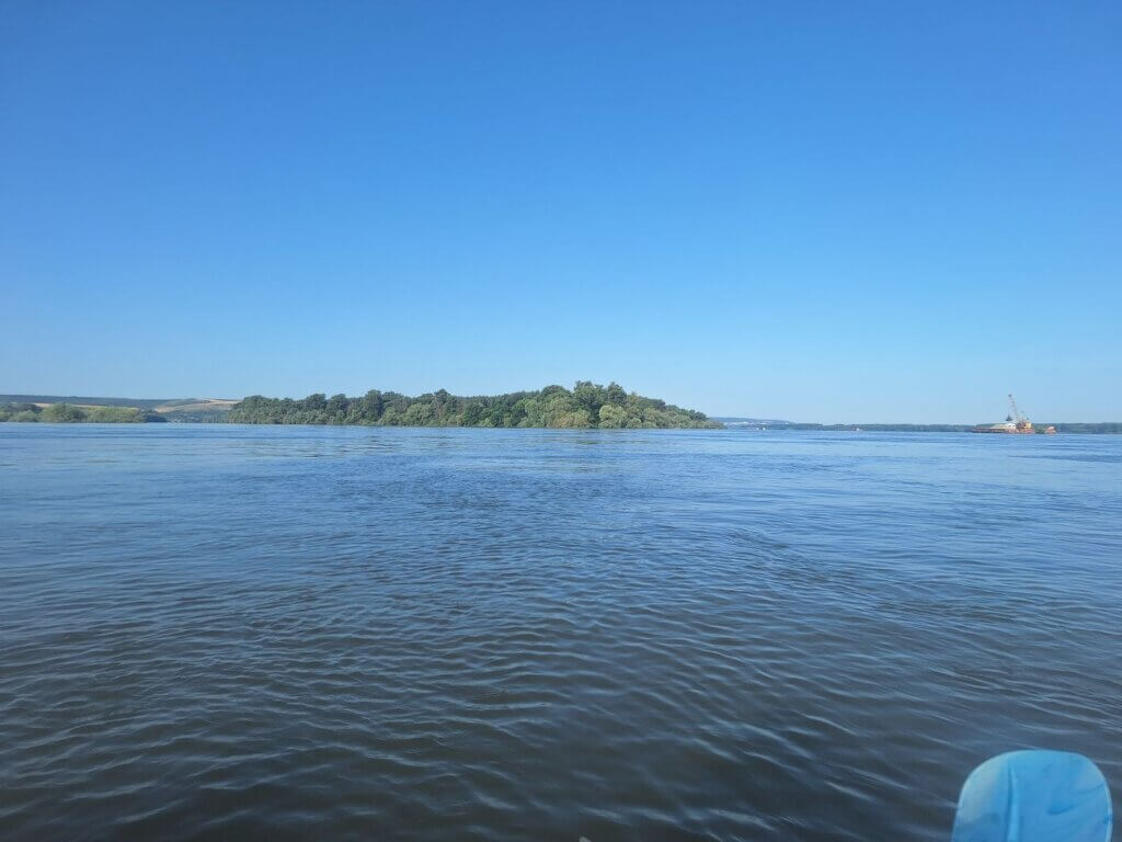 7 49 end of Vardim Island looking back at Svishtov and Zimnicea Danube River kayaking Balkan southernmost point of the river Bulgaria Romania